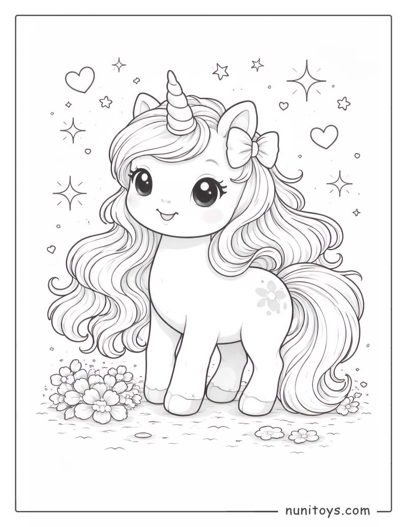 Unicornio mágico kawaii con melena larga y estrellas para colorear
