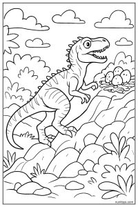 Allosaurus climbs rocky hill toward small nest of eggs