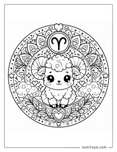 Aries mandala coloring page combining cartoon ram horns and soft symmetry design