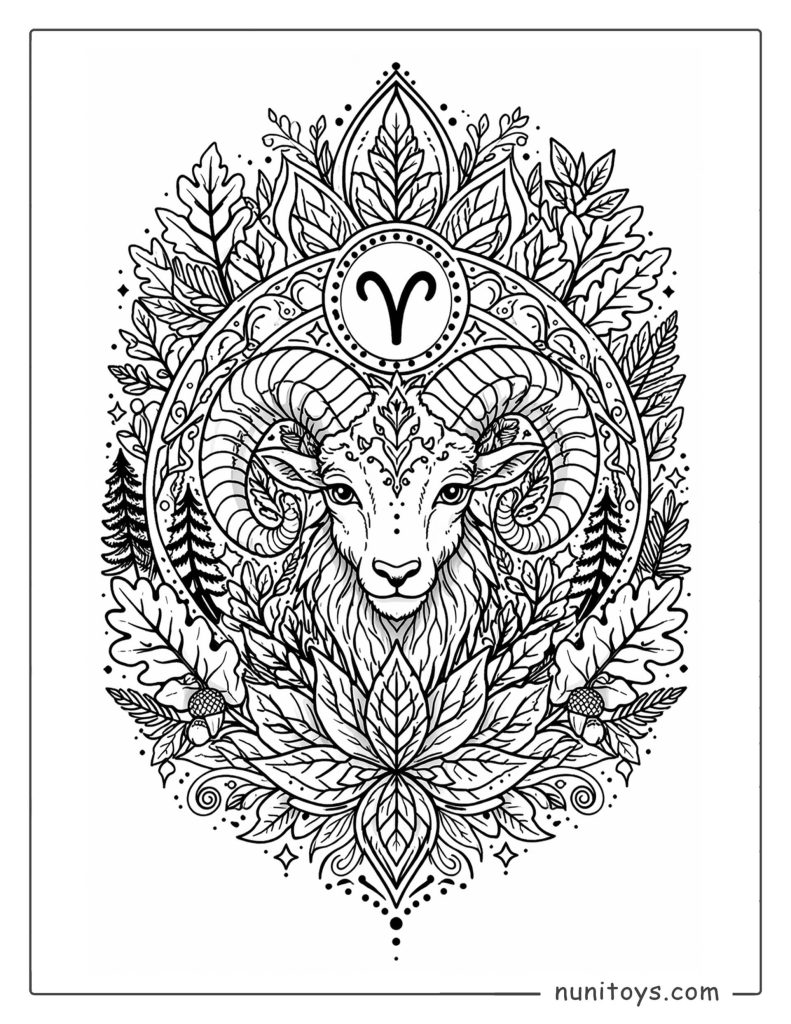 Aries mandala coloring page combining forest leaves and elegant organic shapes