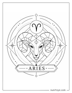Aries mandala coloring page combining minimal lines and precise geometric balance