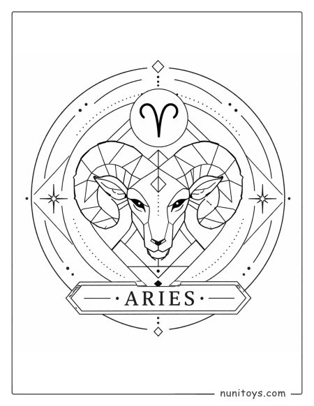 Aries mandala coloring page combining minimal lines and precise geometric balance