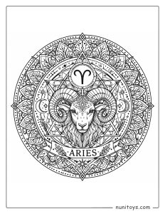 Aries mandala coloring page combining sacred geometry and zodiac-inspired composition