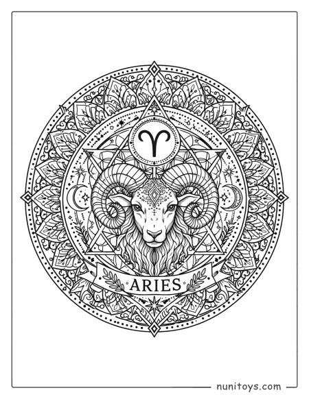Aries mandala coloring page combining sacred geometry and zodiac-inspired composition