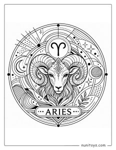 Aries mandala coloring page featuring abstract shapes and modern circular composition