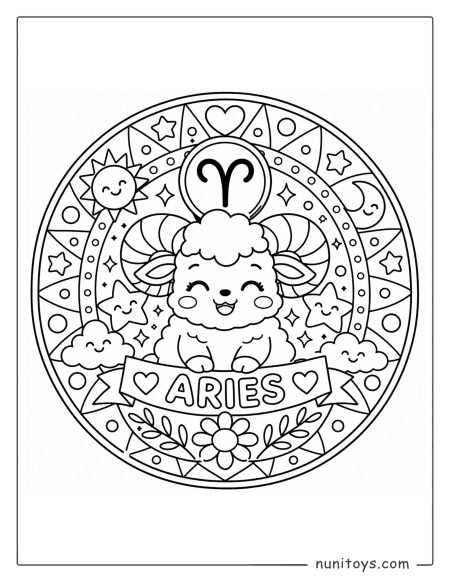 Aries mandala coloring page featuring cheerful symbols and easy-to-color patterns