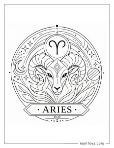 Aries mandala coloring page featuring clean lines and abstract zodiac-inspired design