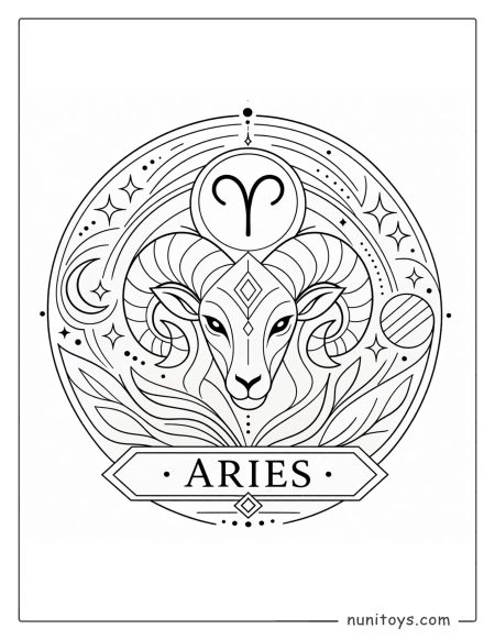 Aries mandala coloring page featuring clean lines and abstract zodiac-inspired design