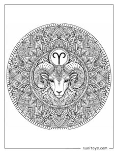 Aries mandala coloring page featuring complex radial symmetry and fine linework details