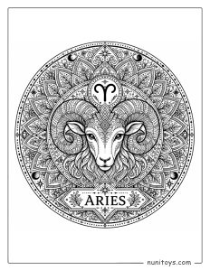 Aries mandala coloring page featuring elaborate symmetry for advanced coloring sessions