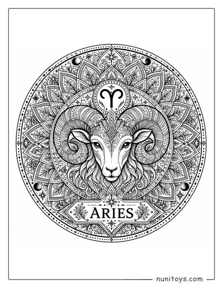 Aries mandala coloring page featuring elaborate symmetry for advanced coloring sessions