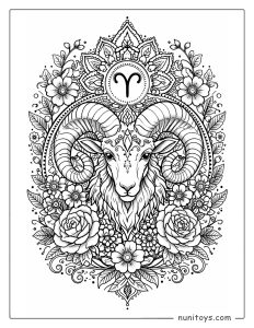 Aries mandala coloring page featuring ram horns surrounded by floral patterns