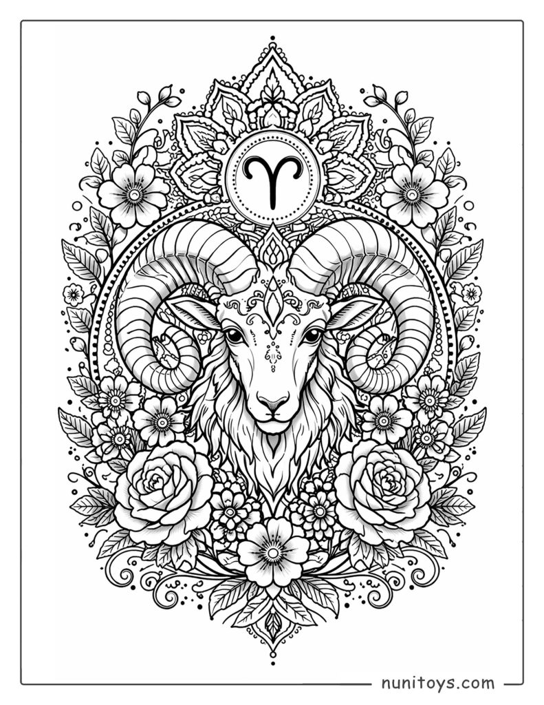 Aries mandala coloring page featuring ram horns surrounded by floral patterns