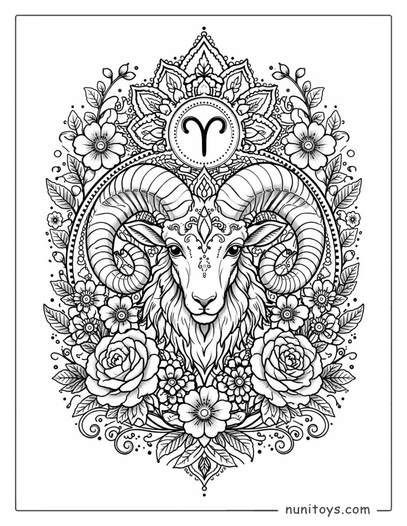 Aries mandala coloring page featuring ram horns surrounded by floral patterns