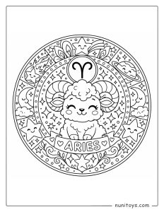 Aries mandala coloring page featuring smiling stars and playful zodiac elements
