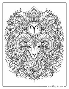 Aries mandala coloring page featuring vines, petals, and detailed natural symmetry