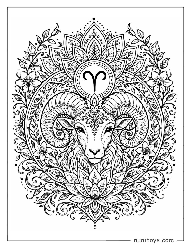 Aries mandala coloring page featuring vines, petals, and detailed natural symmetry