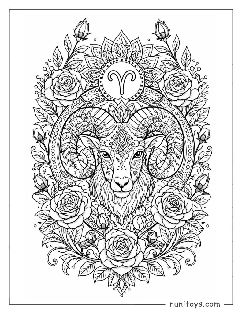 Aries mandala coloring page with blooming roses and flowing botanical symmetry