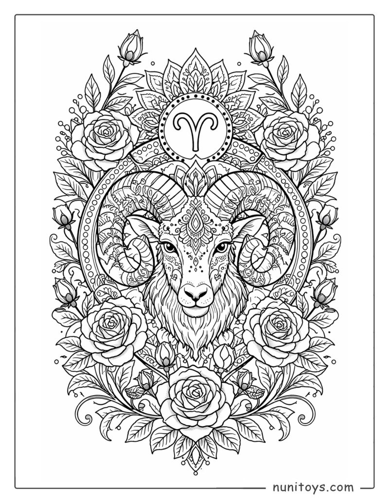 Aries mandala coloring page with blooming roses and flowing botanical symmetry