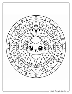 Aries mandala coloring page with cute ram character and simple circular shapes