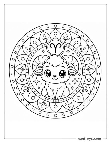 Aries mandala coloring page with cute ram character and simple circular shapes