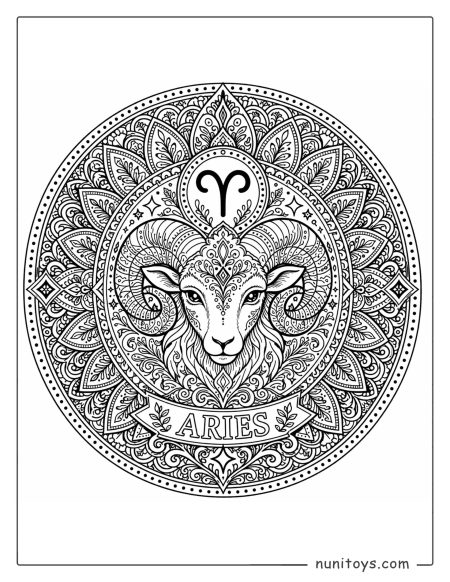Aries mandala coloring page with dense ornamental patterns and balanced structure