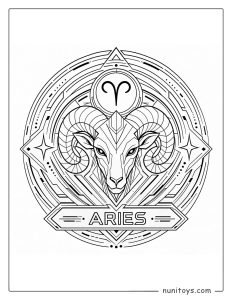 Aries mandala coloring page with futuristic style and layered symmetrical elements
