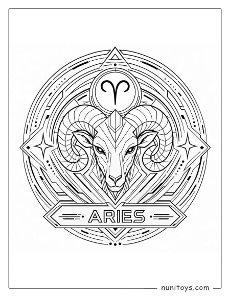 Aries mandala coloring page with futuristic style and layered symmetrical elements
