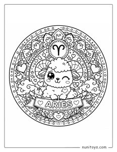 Aries mandala coloring page with hearts, clouds, and fun decorative patterns