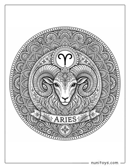 Aries mandala coloring page with highly detailed textures and repeating circular motifs