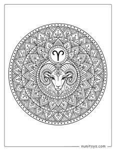 Aries mandala coloring page with intricate geometric layers and ram symbol centerpiece