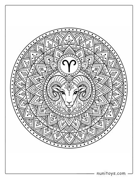 Aries mandala coloring page with intricate geometric layers and ram symbol centerpiece