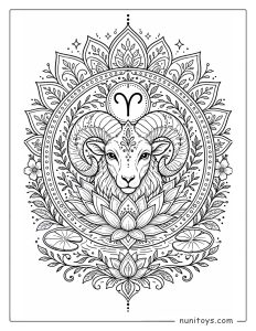 Aries mandala coloring page with lotus petals and nature-inspired circular design