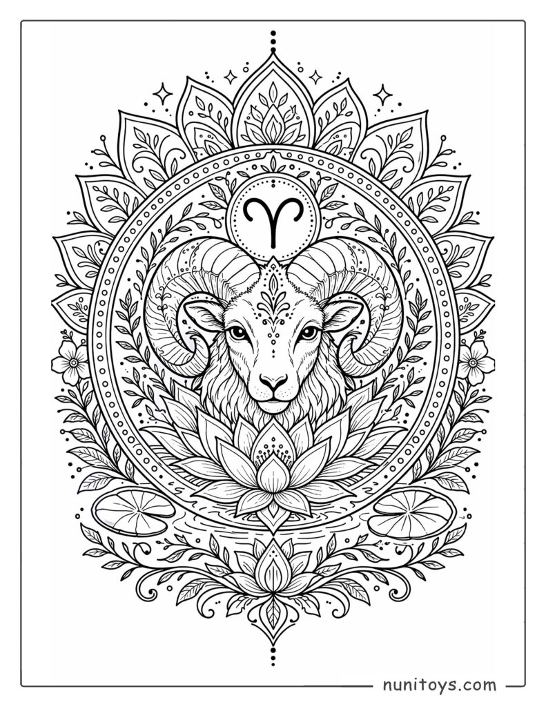 Aries mandala coloring page with lotus petals and nature-inspired circular design