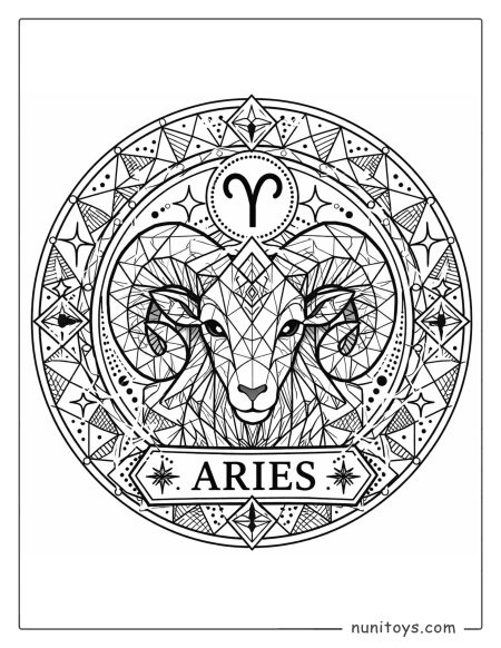 Aries mandala coloring page with polygon patterns and ram-inspired central motif