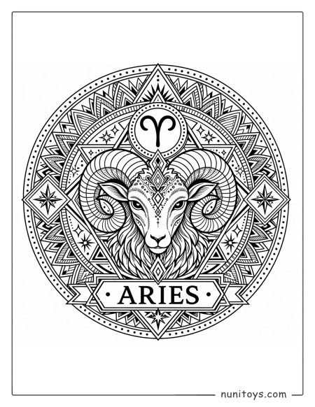 Aries mandala coloring page with sharp geometric symmetry and bold structured design