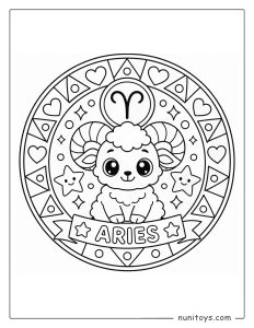 Aries mandala coloring page with simple geometric shapes for young kids