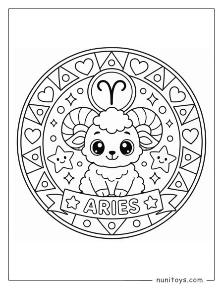 Aries mandala coloring page with simple geometric shapes for young kids