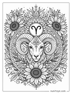 Aries mandala coloring page with sunflowers and bold zodiac-centered composition
