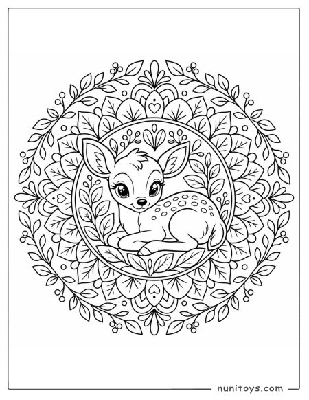 Baby Deer Resting in Leaf Mandala Coloring Sheet