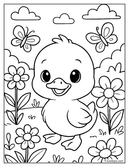 Playful Duck Among Flowers and Butterflies Printable Coloring Page