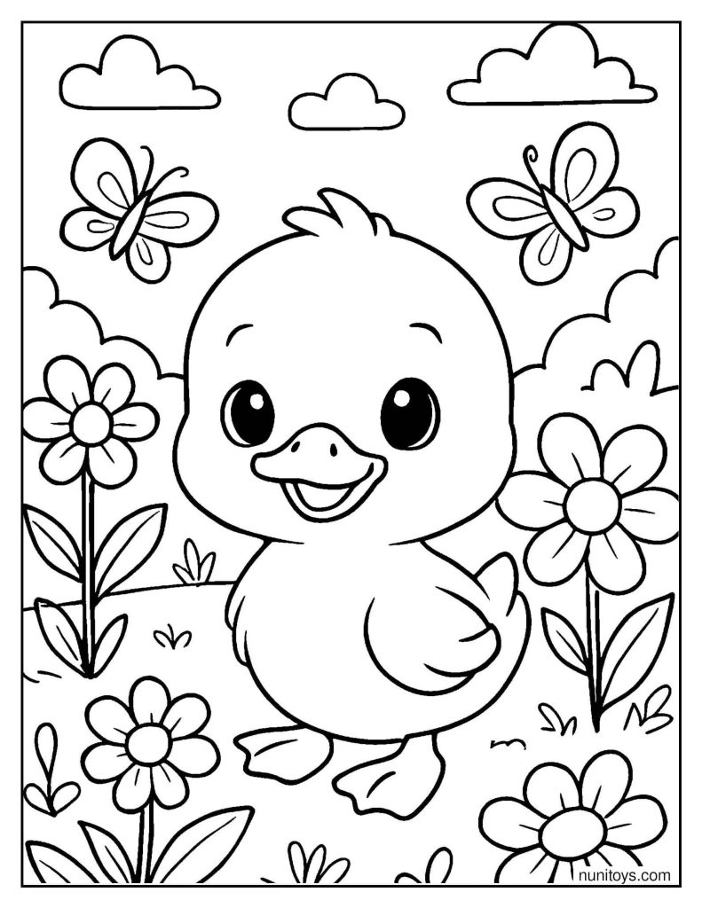 Playful Duck Among Flowers and Butterflies Printable Coloring Page