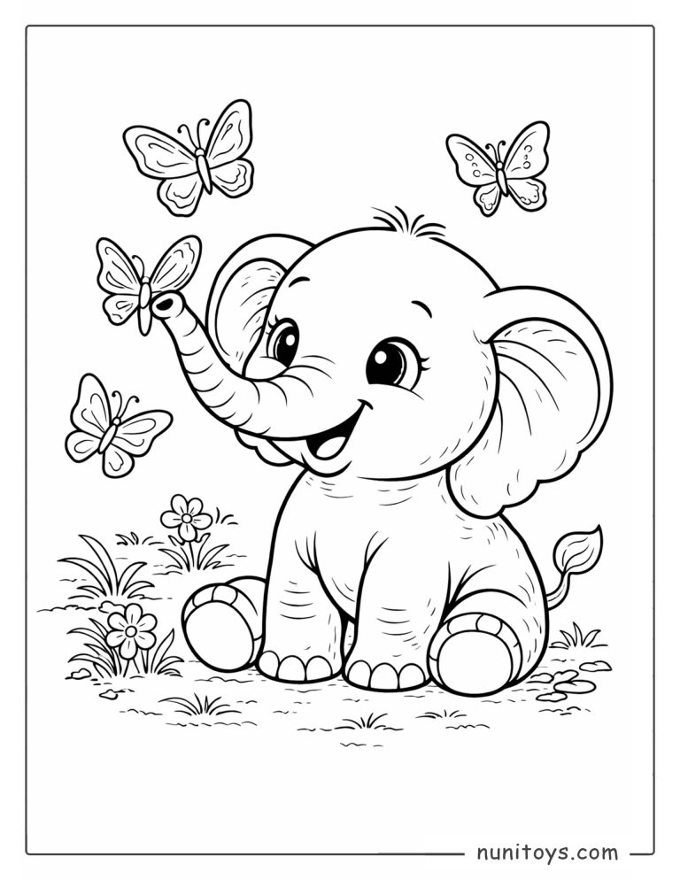 Coloriage bébé éléphant jouant avec des papillons parmi les fleurs
