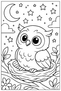 Baby Owl Resting in Nest Under Starry Sky Coloring Page