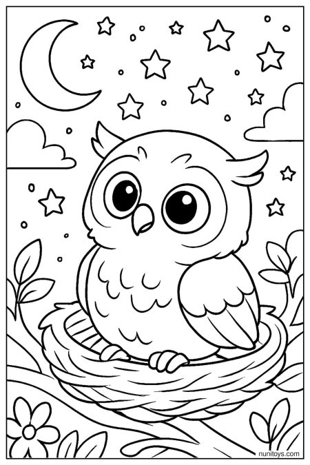 Baby Owl Resting in Nest Under Starry Sky Coloring Page