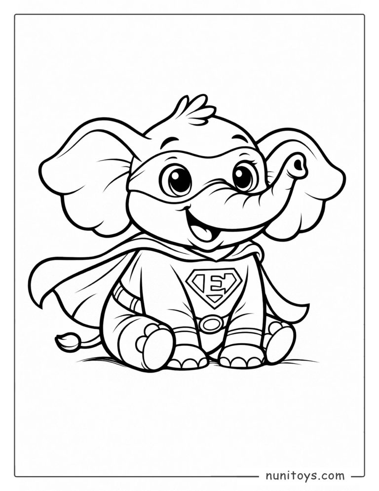 Coloriage petit éléphant assis en costume de super-héros