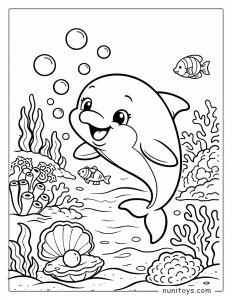 Dolphin Swimming Near Coral and Shell Coloring Page