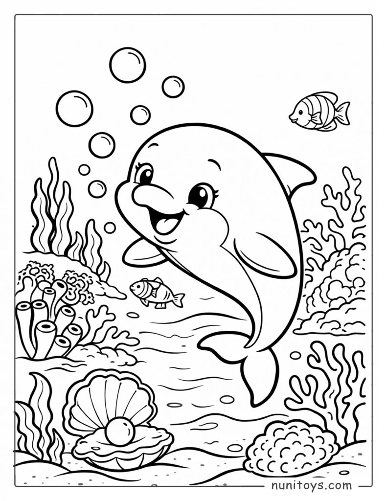 Dolphin Swimming Near Coral and Shell Coloring Page