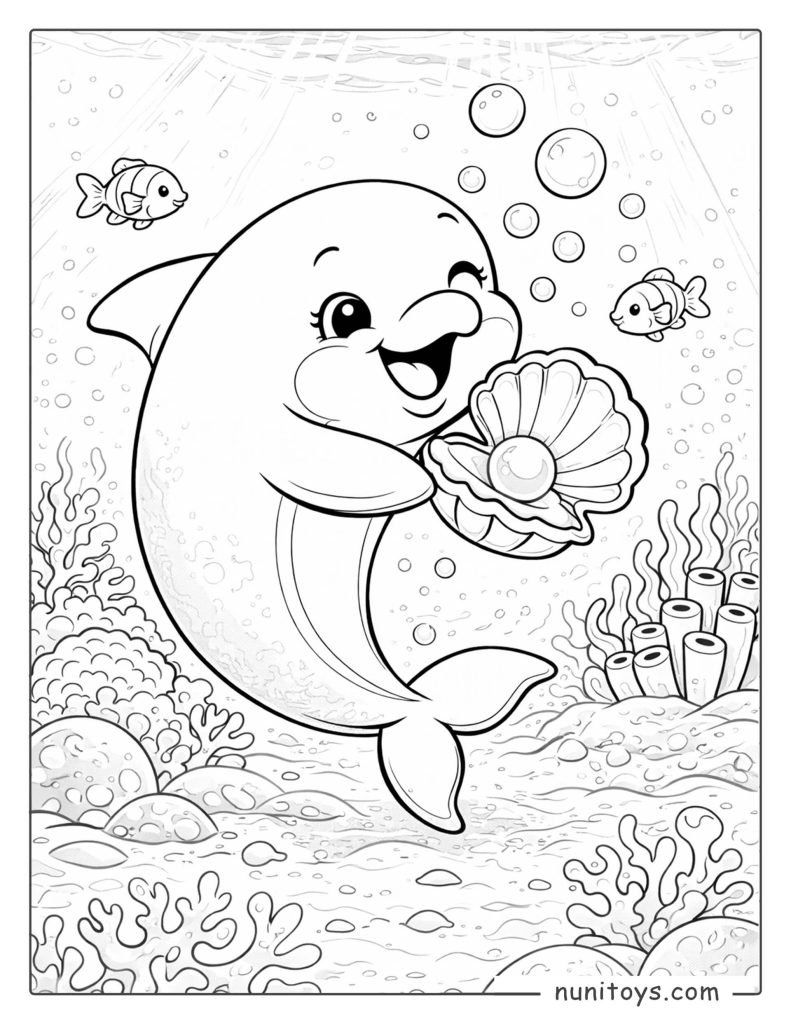 Dolphin Holding a Pearl in an Open Shell Coloring Page