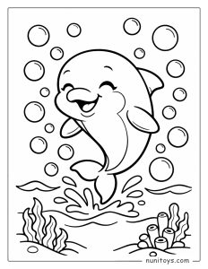 Happy Dolphin Jumping with Bubbles Underwater Coloring Page